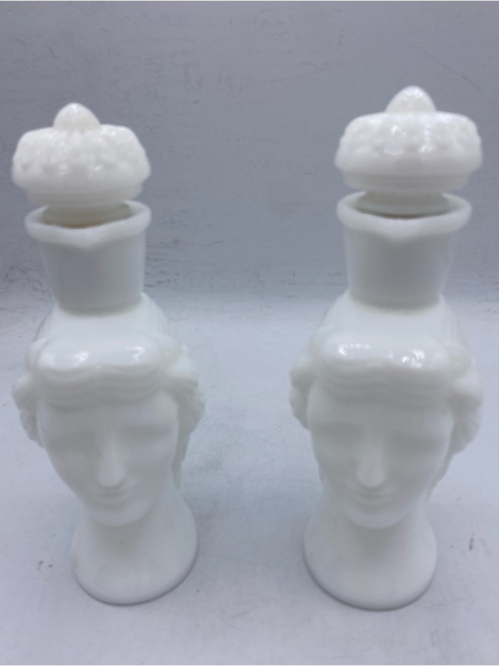 Vintage Avon Milk Glass Grecian Decanters Collectable Set Of Two 6 1/2” Tall